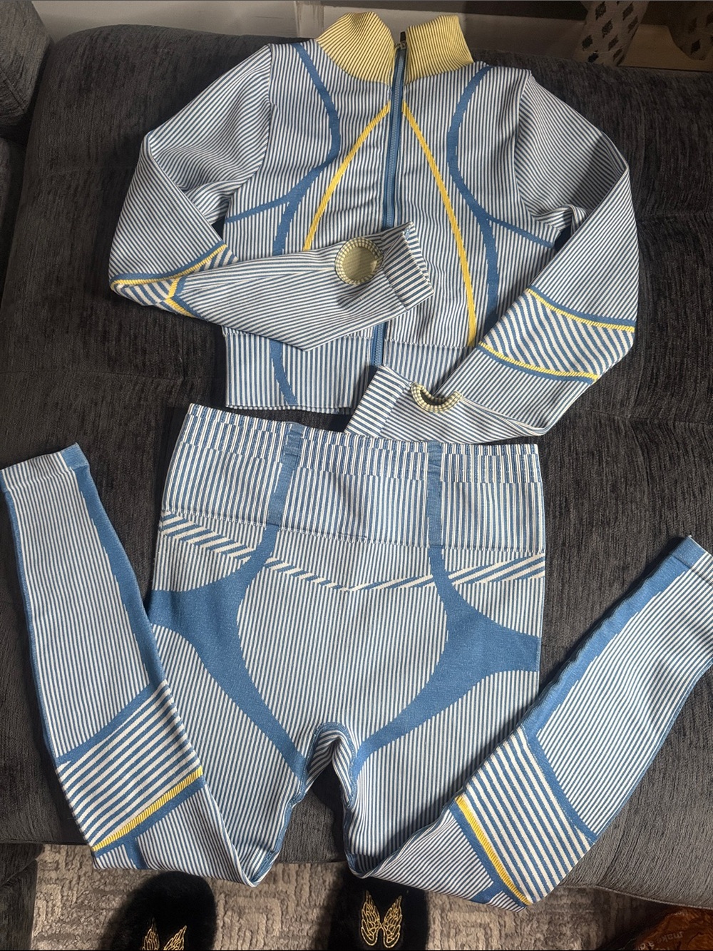 Private Label Blue, White & Yellow Striped Two-Piece Jumpsuit Set